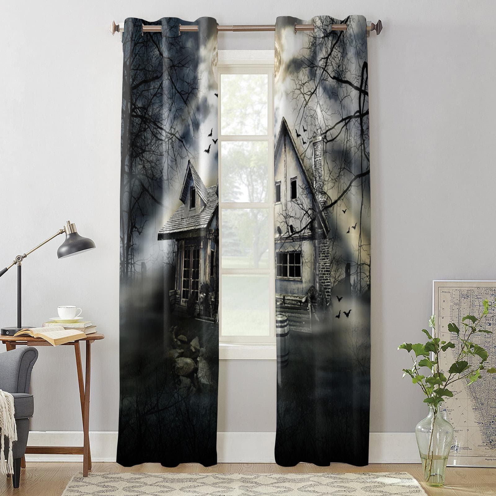 Woods Moon Bat Haunted House Window Curtain Bedroom Living Room Window Drapes Kitchen Decoration Blinds Curtain 135W x 60H(cm) x1