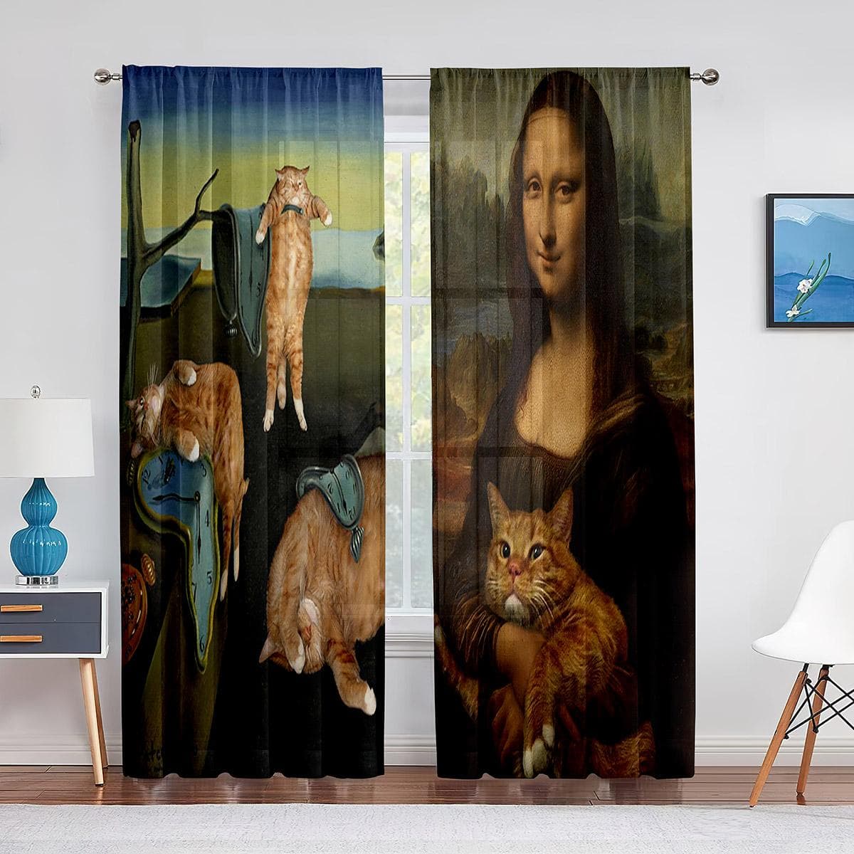 Mona Lisa and Funny Kittens Painting Tulle Curtain for Bedroom Window Curtain Luxury Cafe Hotel Decor Living Room Sheer Drape 1 PCS W150XH250cm&Grommet Top
