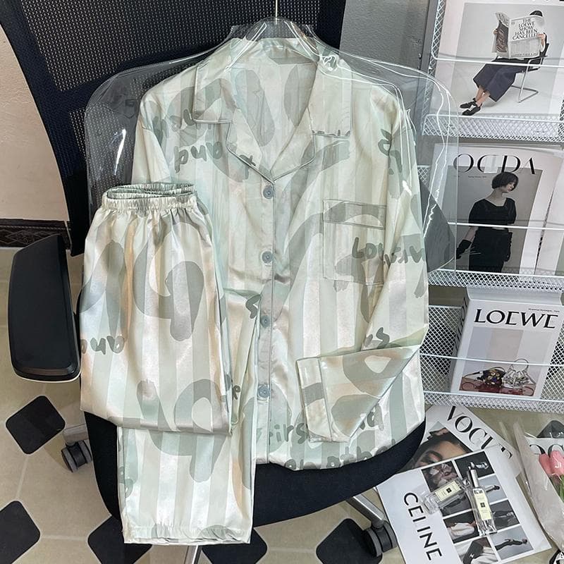 Pajamas Women's Silk Long-sleeved Pajamas Pajamas Suit Flower Printed High-grade Ice Silk Can Be Worn Outside Home Wear Pajamas M