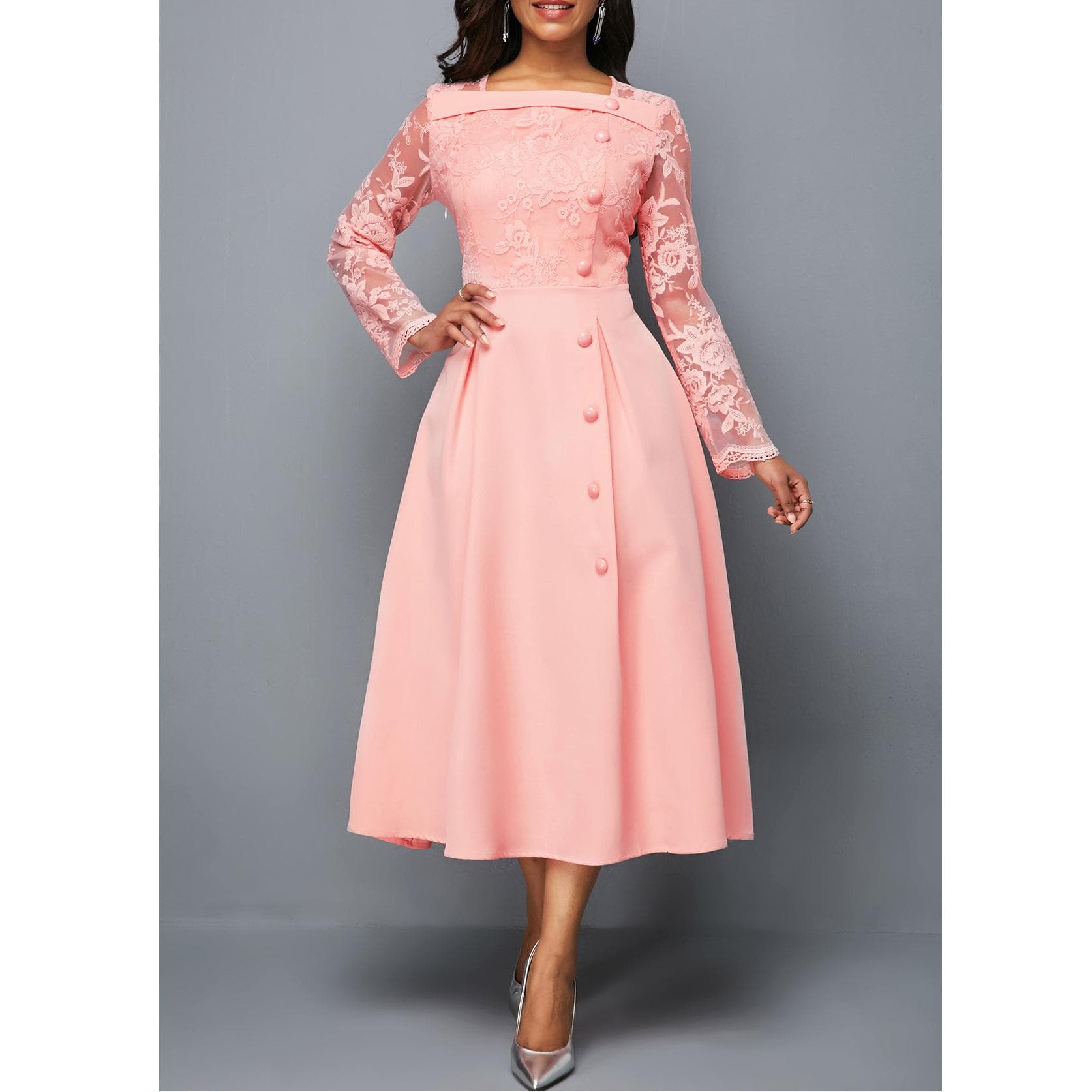 Women Elegant Lace Stitching One Shoulder Single Breasted A-line Party Long Dress 2XL pink