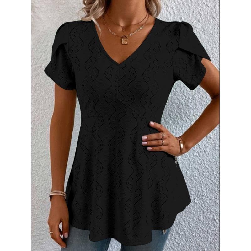 Summer Solid Colour V-neck Comfortable Casual T-shirt Short Sleeve Top for Women L black
