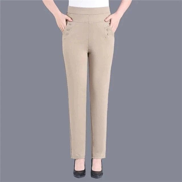 Women Thin Candy Colors Stretch Classic Pants Straight Trousers Mother Casual High Waist Pantalones Slim Ankle-Length Pants XL khaki
