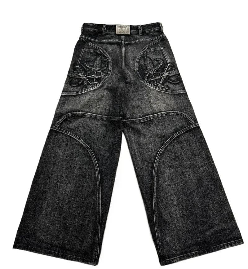 Y2K Retro Loose Jeans Embroidered Bat Pattern High Waisted Wide Leg Pants Denim Trousers M black