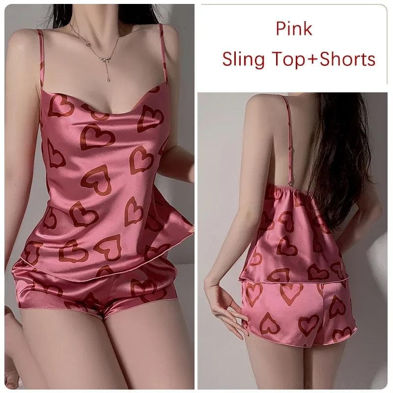 Summer Sexy Pajama Set Women's Printed Simple Stand Collar Women's Camisole Top Shorts Two-piece Pajama Set XL pink