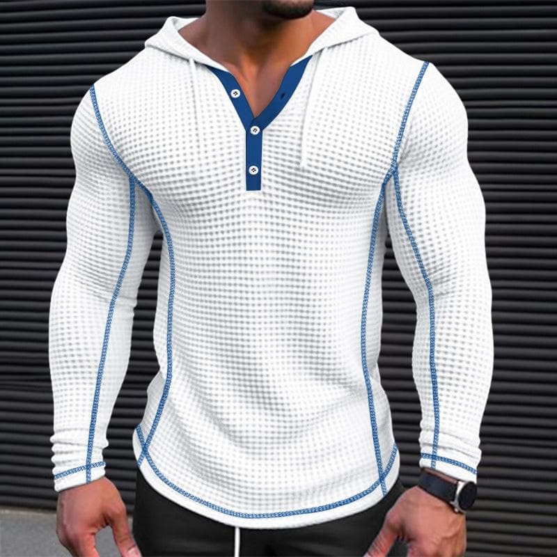Men's Waffle Top Buttoned Hoodie T-shirt Long Sleeved Casual Fashion Hoodies & Sweatshirts Men’s XXXL white