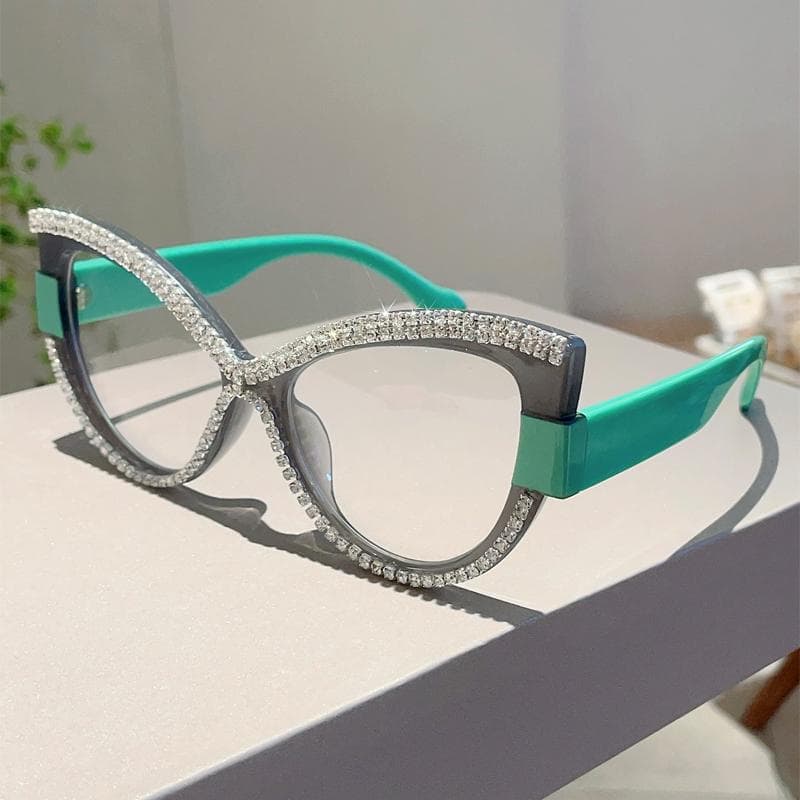 KAMMPT Chic Crystal Design Ladies Glasses Non-prescription Striped Photo Trendy Eyewear for Women Multi Color Decor Frame
