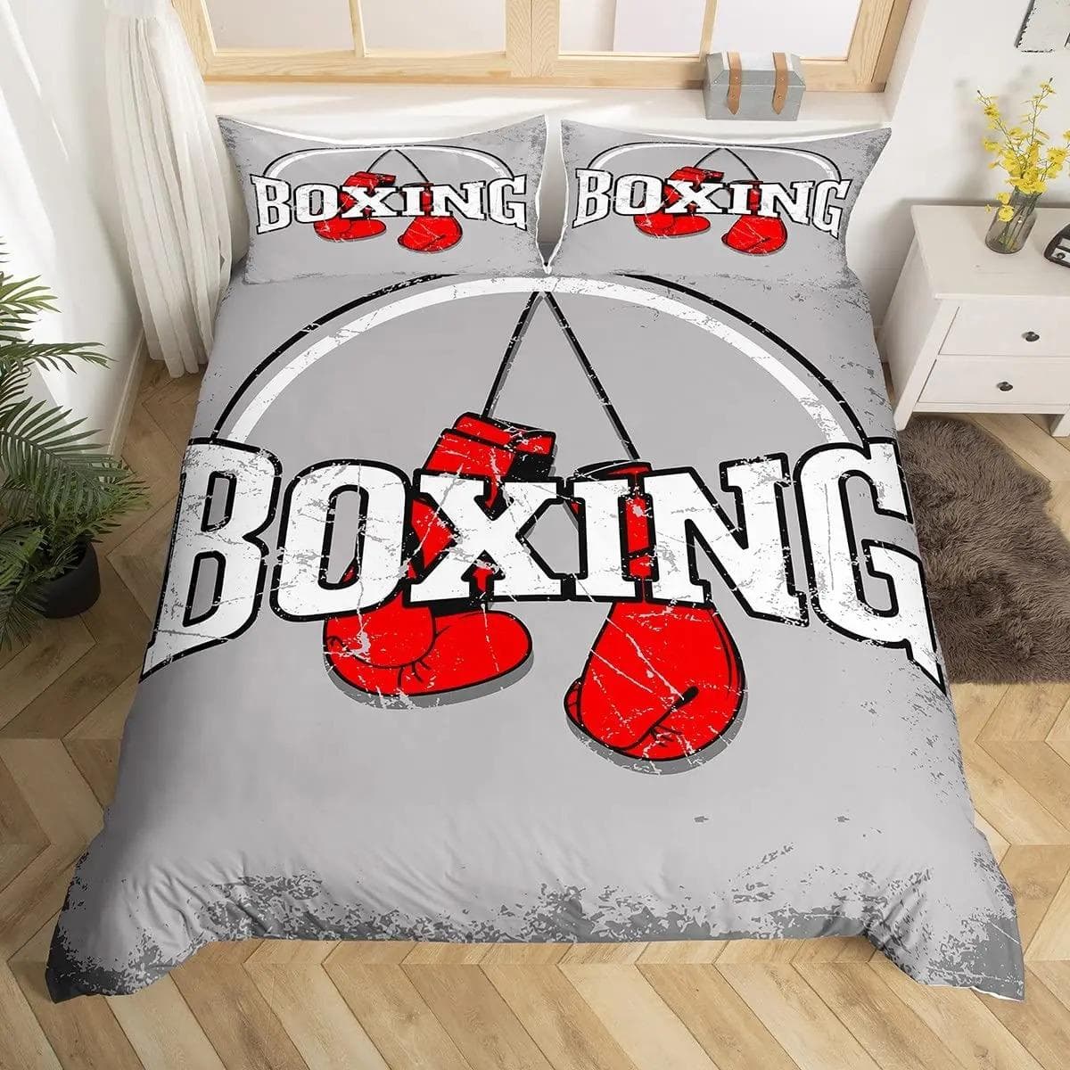 Boxing Sport Duvet Cover King Queen Golden Boxing Gloves Bedding Set Yellow Fire Print Comforter Cover Microfiber Quilt Cover 70x133cm 2pcs