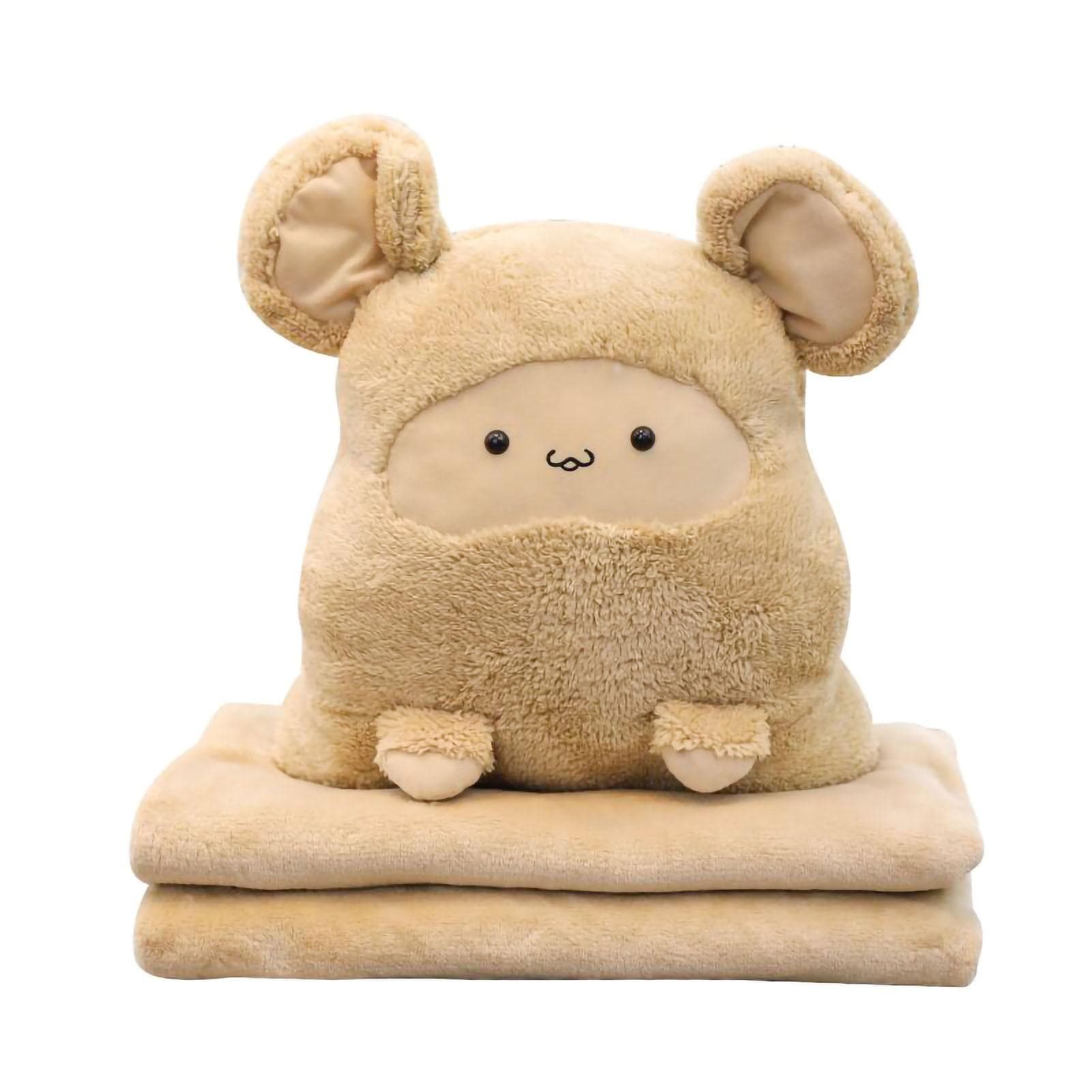 Plush Cushion Pillow Air Conditioning Blanket Cute Mouse Appearance Multifunctional Blanket Throw About 100x80cm beige