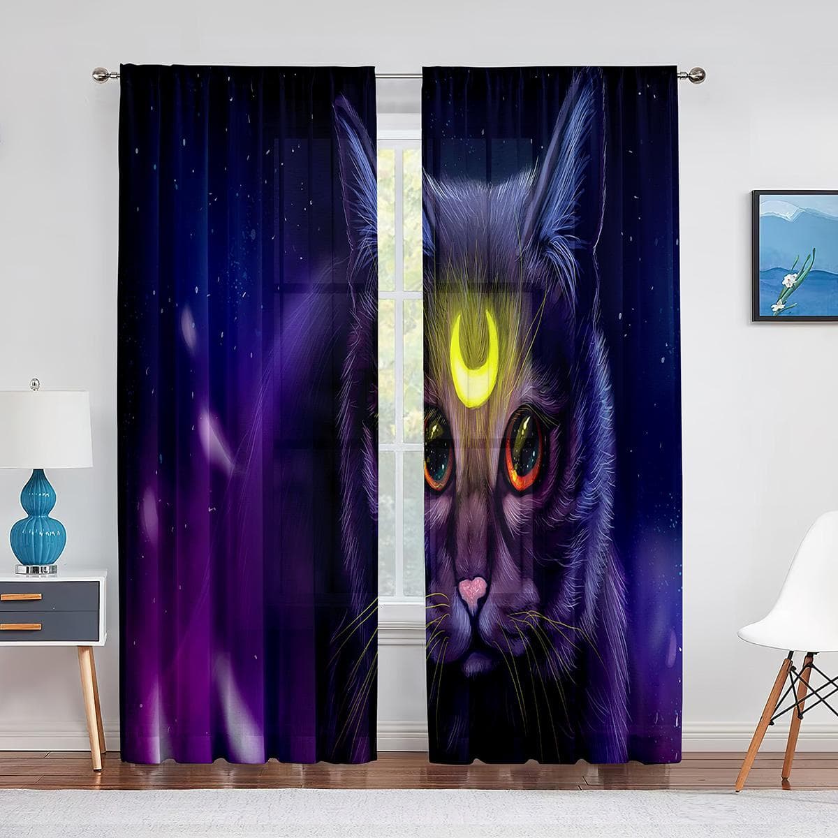 Lovely Cat Fantasy Painting Sheer Curtains for Living Room Kitchen Animal Tulle Windows Voile Yarn Curtains for Bedroom Decor 1 PCS W100XH250cm&Grommet Top
