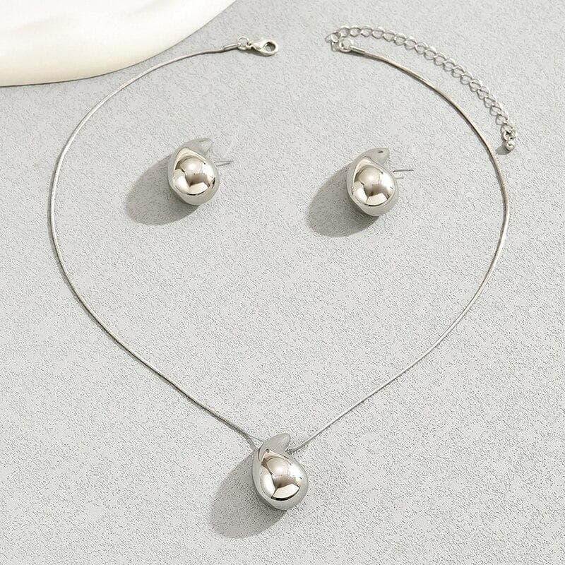 Water Drop Shape Jewelry Set 2 Pcs Necklace Stud Earrings Gold Silver Color Zinc Alloy Simple Style For Woman silver