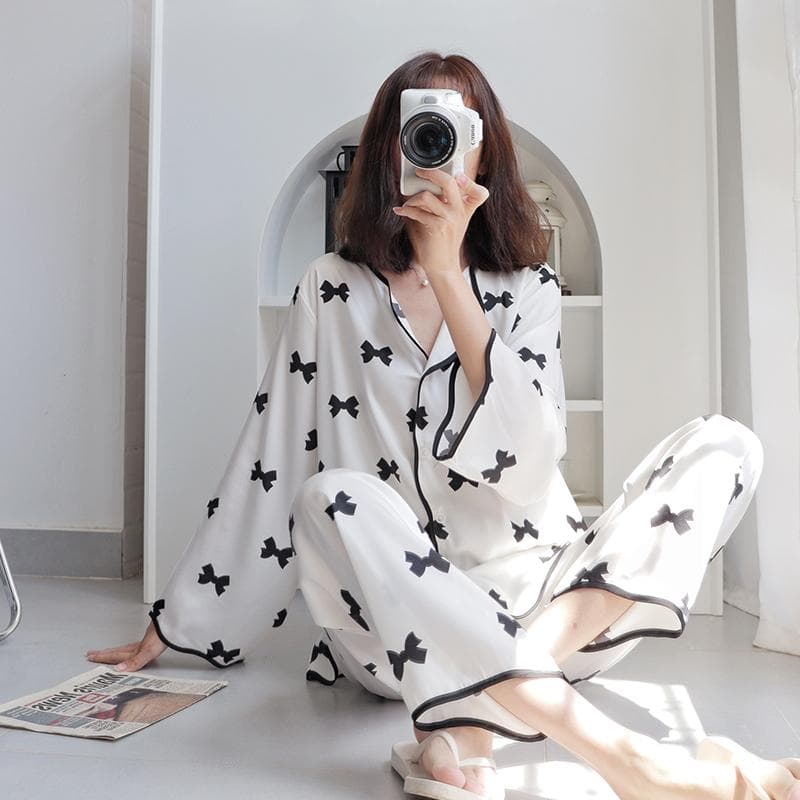 Pajamas Women's Spring and Autumn Bow Long Sleeve Popular Internet Popular Home Suit XXL white