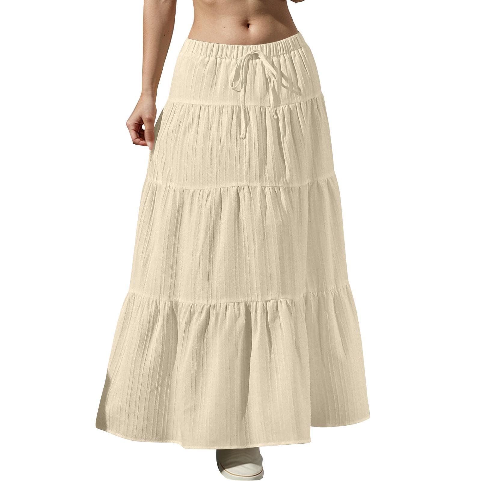 Women's Flowy Flared Ruffle Hem A Line Maxi Skirts Elastic Waist Elegant Tiered Layer Boho Long Skirts XL beige
