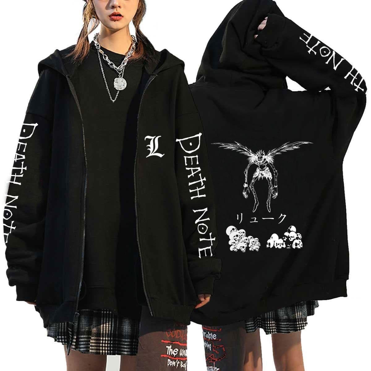 Death Note Harajuku Anime Zipper Coats Hoodies Mens Jackets Casual Loose Hooded Zip Up Manga L Lawliet Print Tops Sweatshirt Unisex Couple Streetwear M