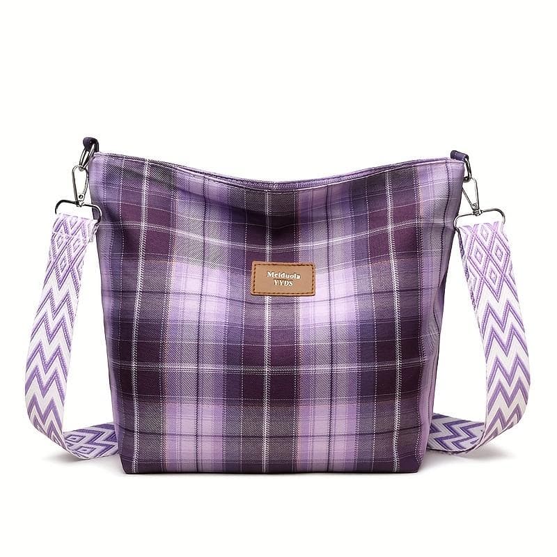 Women's Fashionable Lightweight Large Capacity Plaid Nylon Crossbody Bag, With Adjustable Strap, Zipper Closure purple