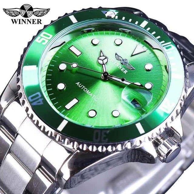 WINNER Top Men's Watch Automatic Mechanical Ribbon Calendar Water Ghost Series Watch Silver Stainless Steel Waterproof Luminous green