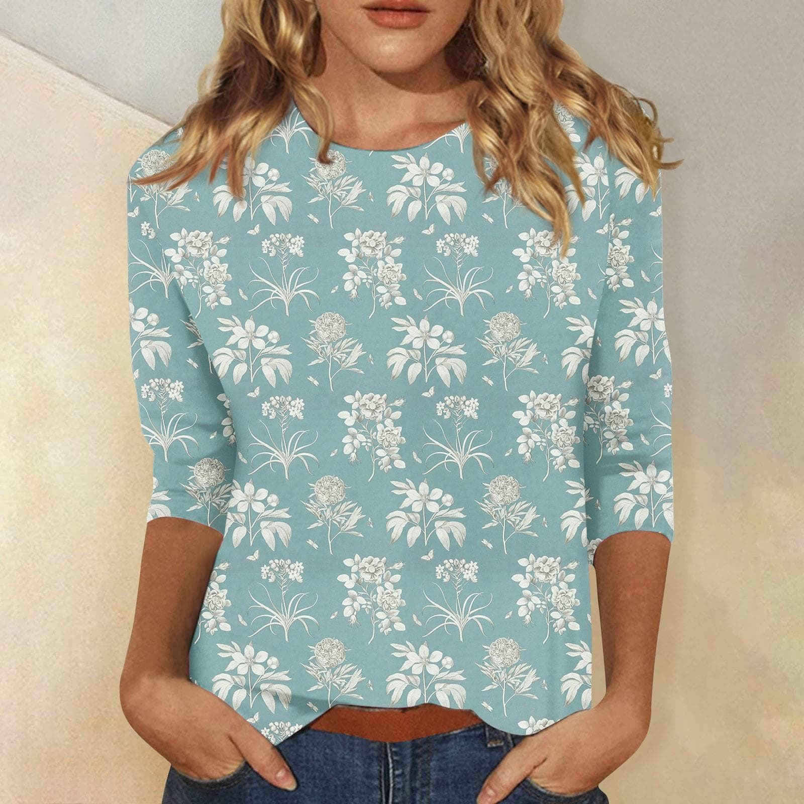 Women Summer Tops Comfortable T Shirt Fashion Flower Print Round Neck 3/4 Sleeve Tops Soft Versatile Pullover Ropa De Mujer 7XL