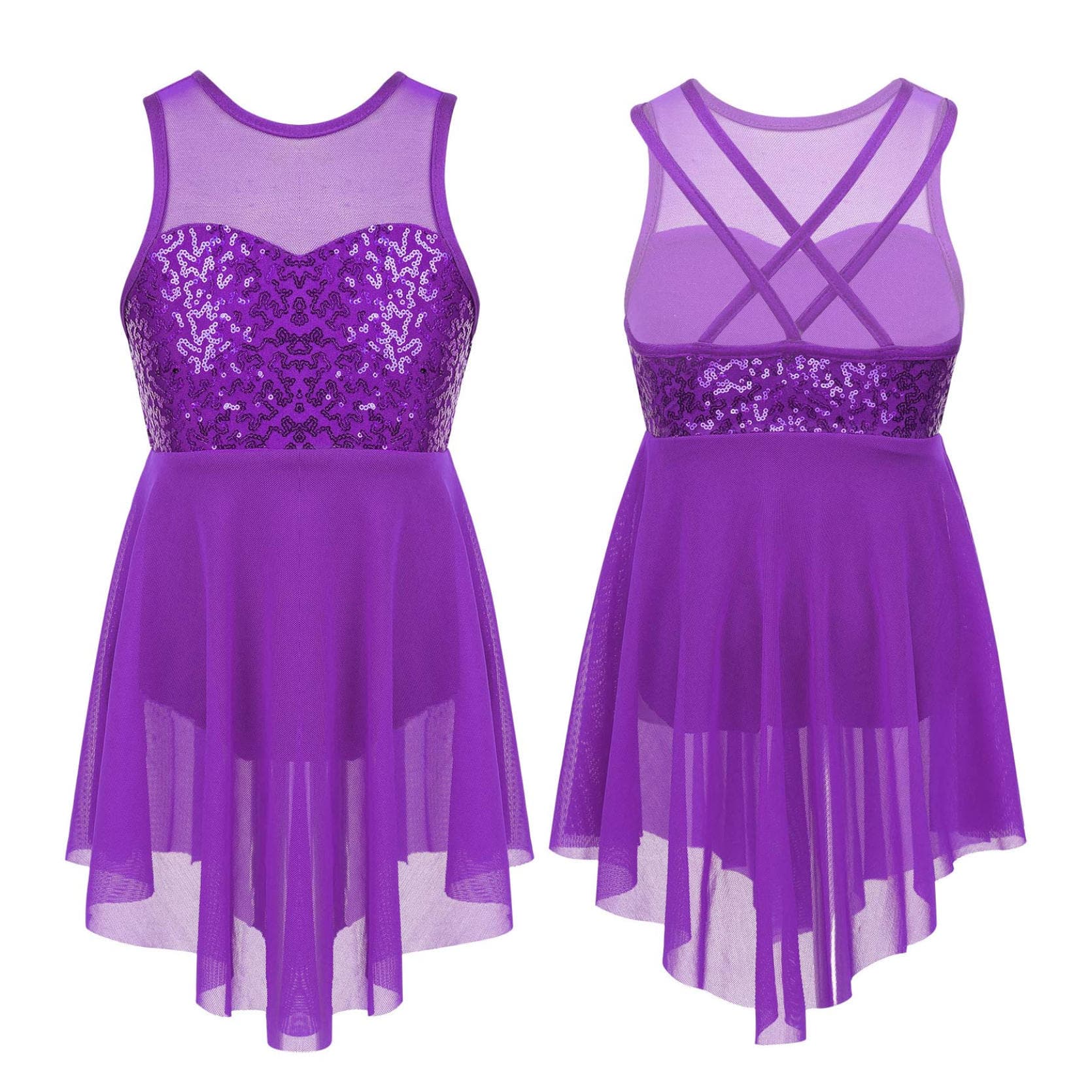 Kids Girls Modern Lyrical Dance Costumes Sleeveless Sequins Criss-Cross Back Ballet Irregular Leotard Dress 5-6 Years purple