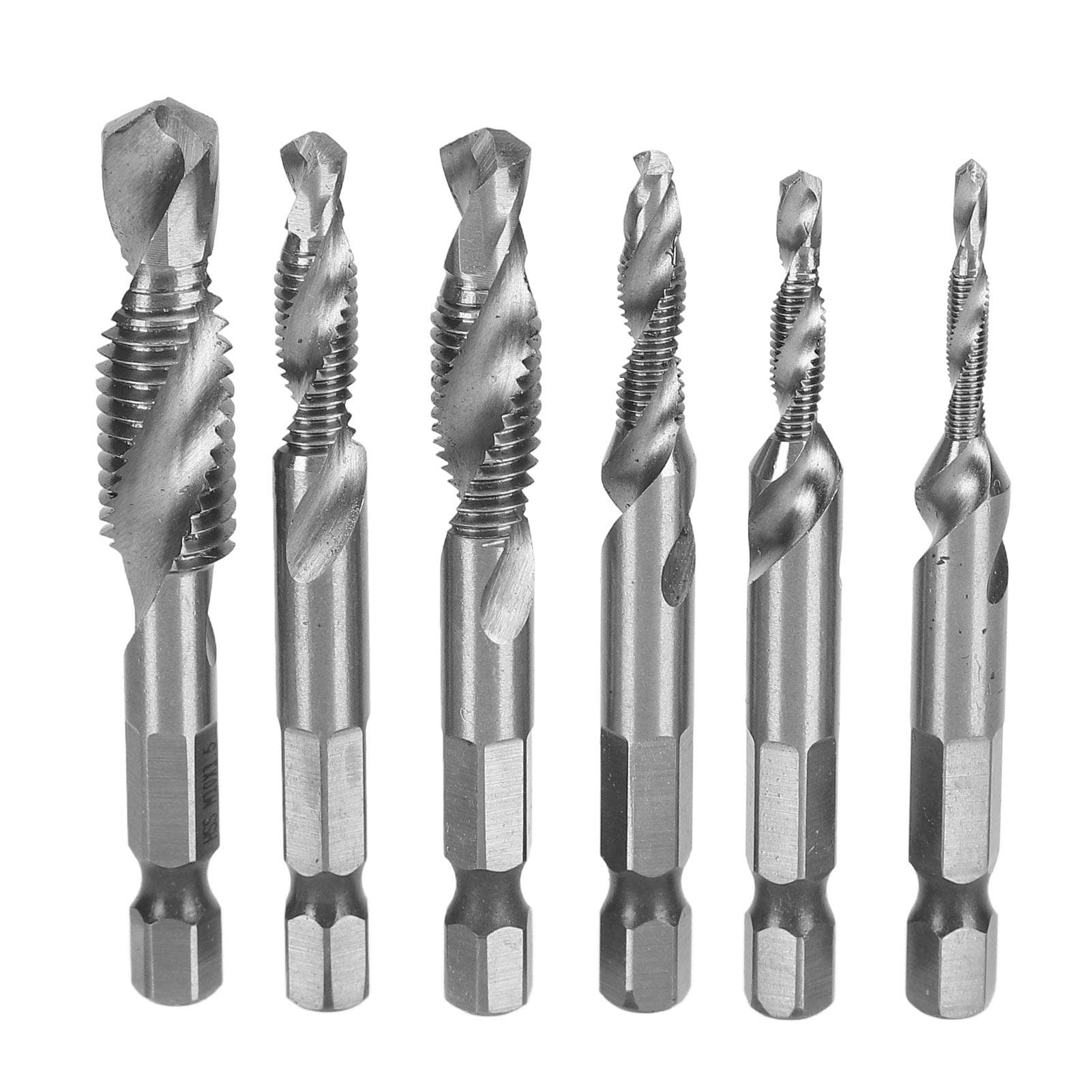 6Pcs Drill Tap 14in Hex Shank Spiral Bit Set Kit for Drilling Tapping ChamferingSilver