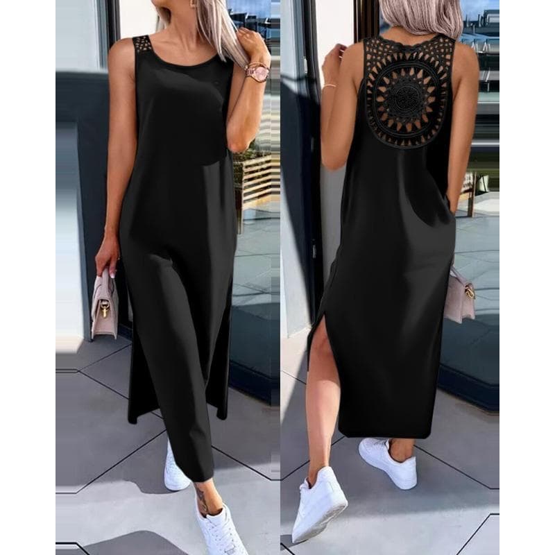Women's Summer Hollow Solid Color Mid-length Dress L black