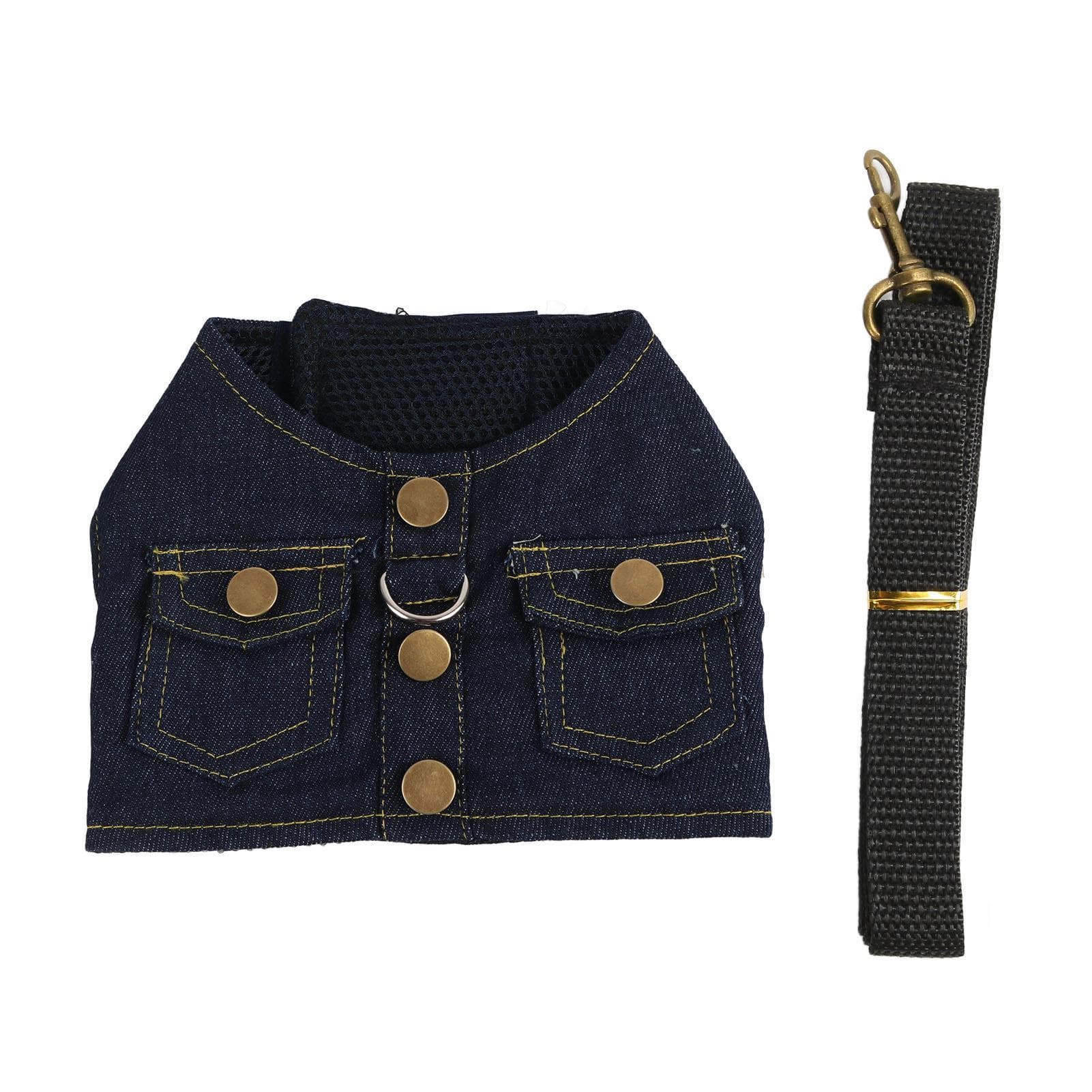 Dog Jean Jacket Harness Soft Comfortable Breathable Dog Denim Vest Harness with Nylon Leash for Pet L(for 6.5-9kg) dark blue