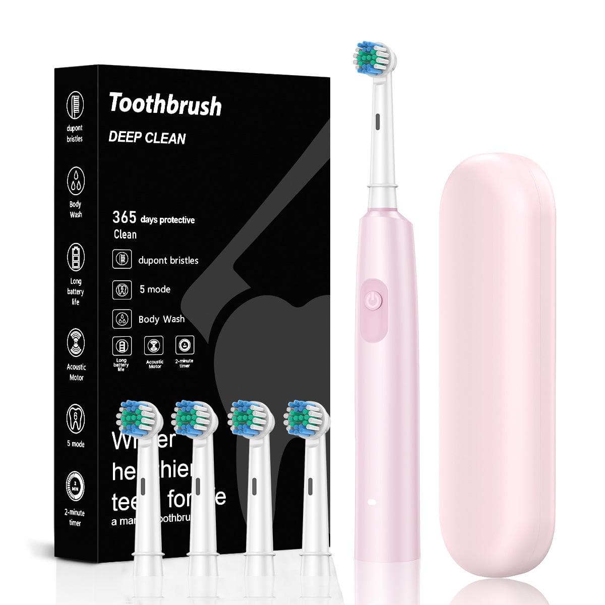 Electric Toothbrush Rotary Rechargeable Electric Tooth Brush For Adults Rotating Electric Teeth Brush with 4 Replacement Heads pink