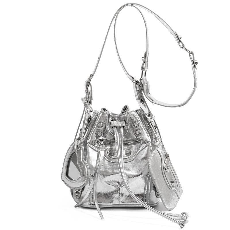 Pull-out Women's Bag, Fashionable Bucket Bag, Riveted Motorcycle Bag, Three-piece Set, Wide Shoulder Strap, Single-shoulder Crossbody Bag silver