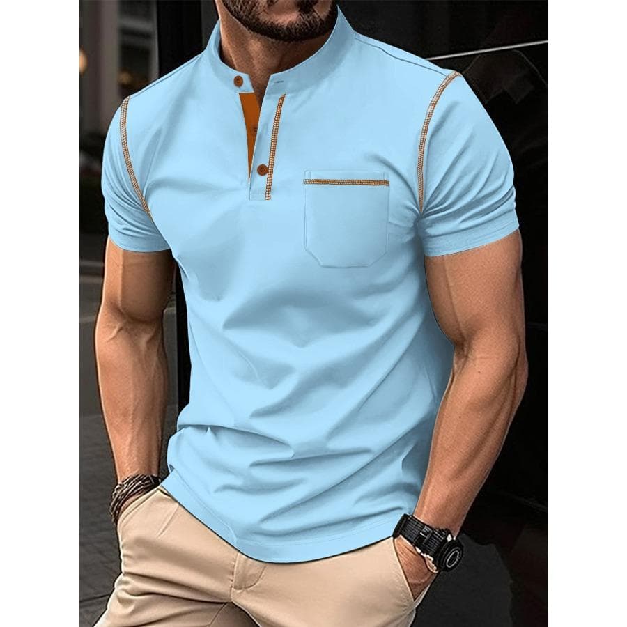 Men Summer POLO Shirts Stand Up Collar Pocket Short Sleeve Tops Men's Sports Polo Shirt 2XL light blue