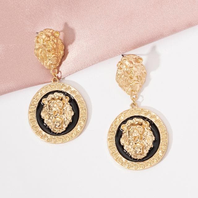 Vintage Golden Earrings Embossed Lion Head Rage Cool Simplicity Temperament Dripping Oil Earrings Set For Women bronze