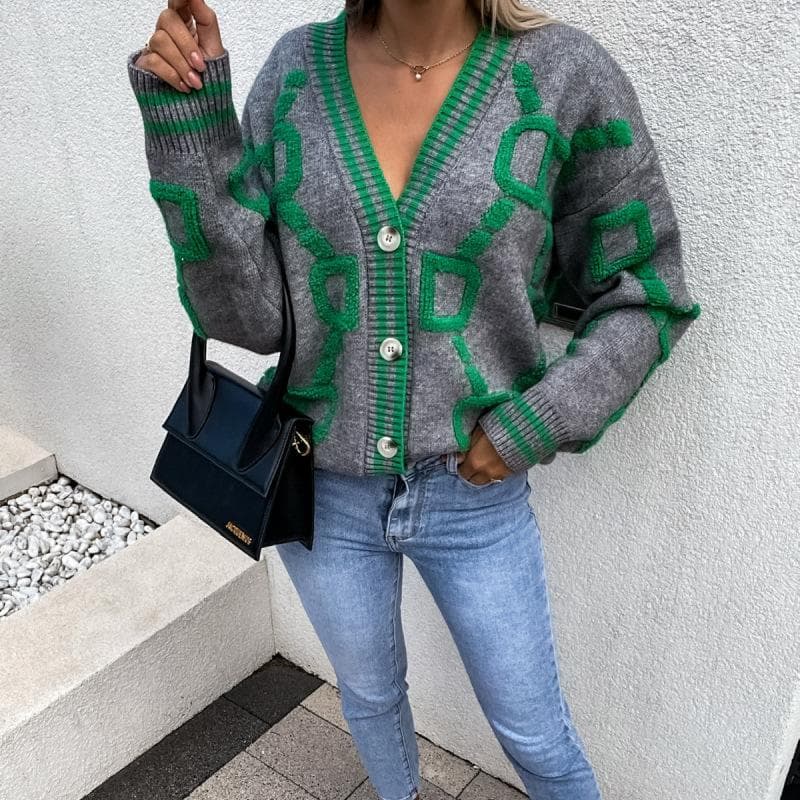 Autumn Winter Vintage Knitted Sweater Women Letter Printed Cardigan Women V Neck Long Sleeve Loose Casual Jumper Tops M gray