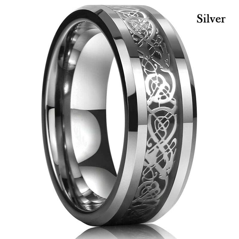 8 Colors 8mm Men's Stainless Steel Dragon Ring Inlay Red Green Black Carbon Fiber Ring Wedding Band Jewelry Size 7-12 8 silver