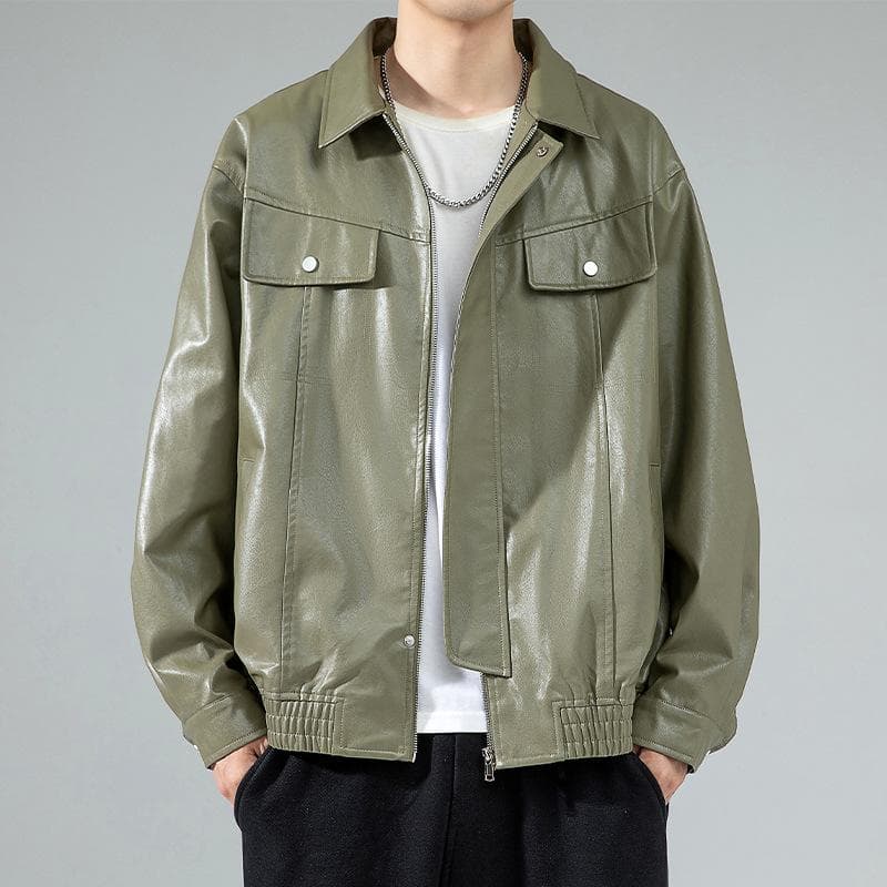 Men's Lapel Leather Jacket Autumn and Winter New Men's Youth Hong Kong Style Casual Loose Leather Jacket 3XL green