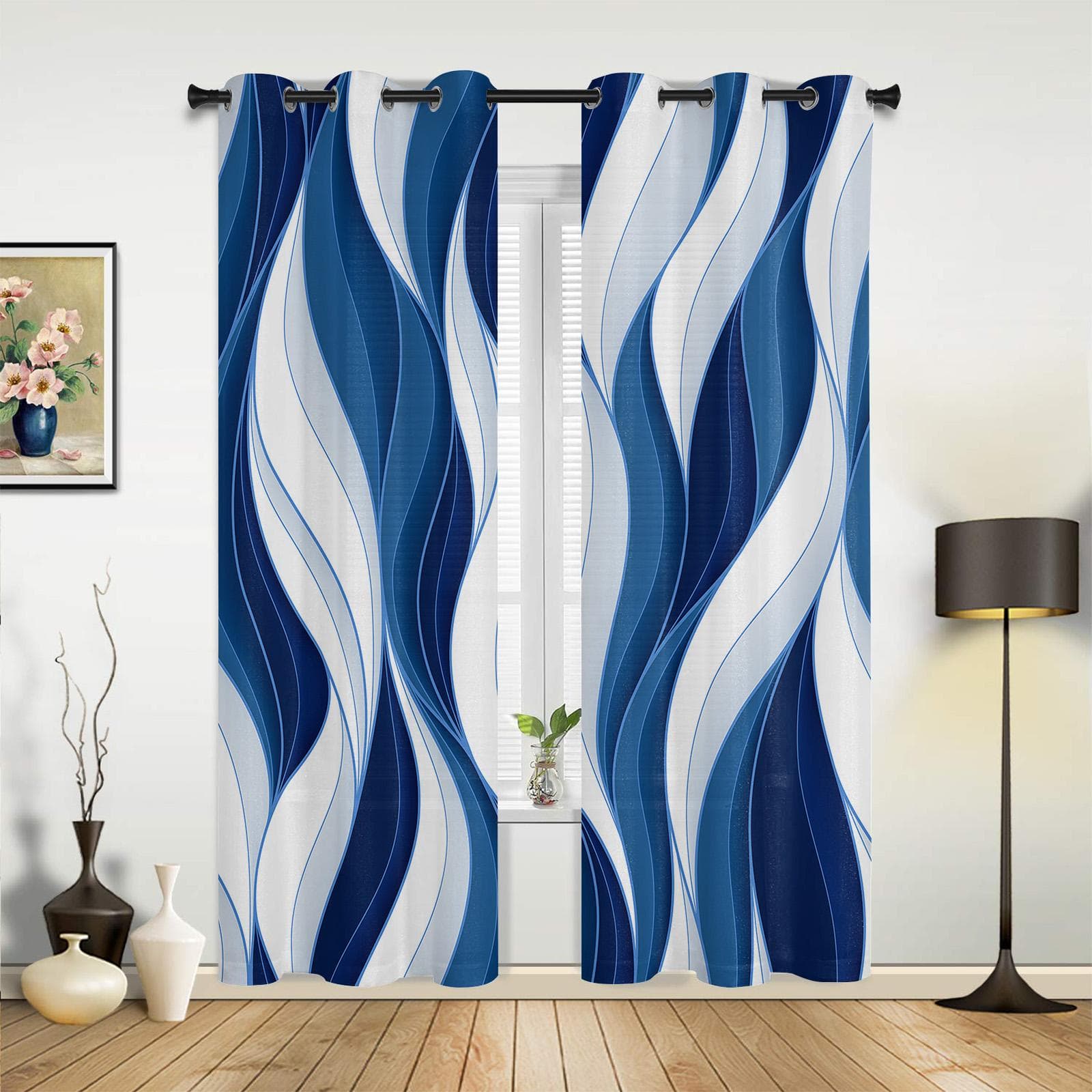 Dark Blue Wavy Abstract Lines Curtains for Bedroom Living Room Drapes Kitchen Children's Room Window Curtain Modern Home Decor 135W x 230H(cm) x1