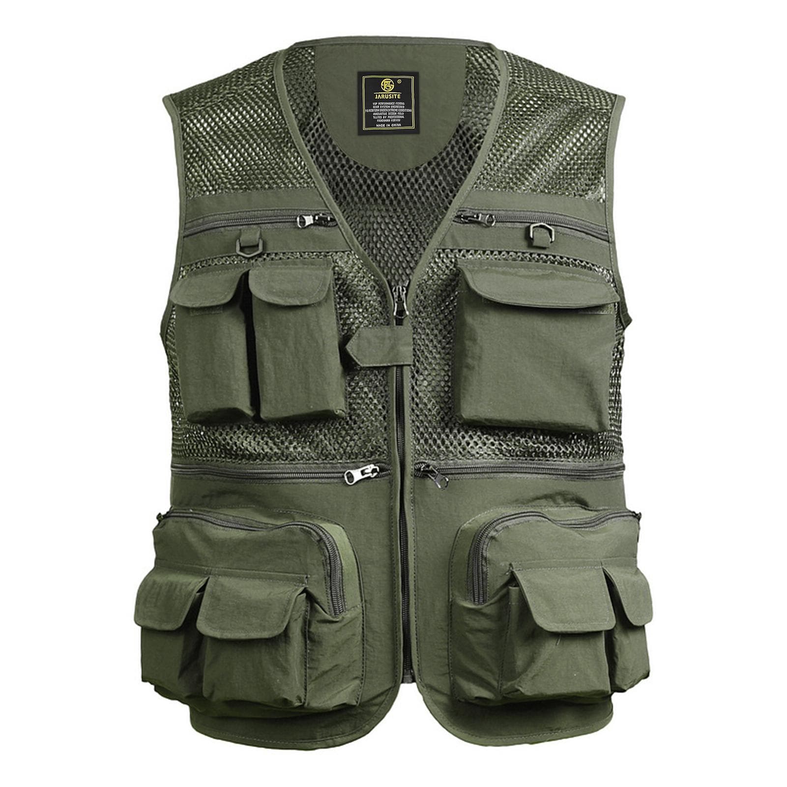 Fishing Vest Breathable Fishing Travel Mesh Vest with Zipper Pockets Summer Work Vest for Outdoor 2XL army green