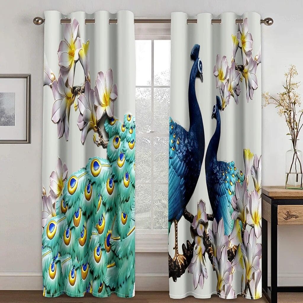 3D Digital Printing Custom Vintage Peacock With Flower Morden Luxury Bedroom Thick Window Curtains For Living Room 2 Panels W120xH270(CM)x2PCS-Grommet Top
