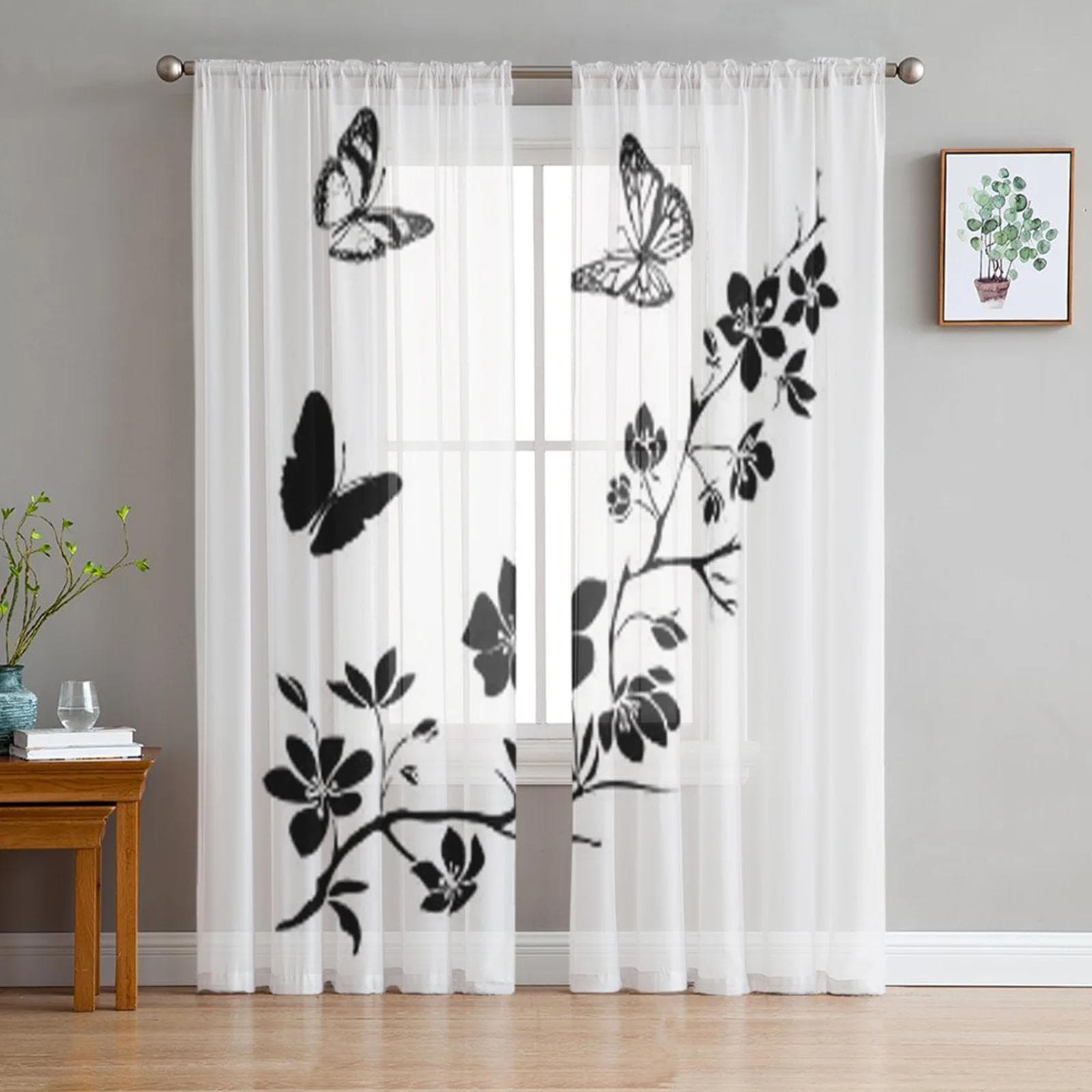 Floral Abstract Black And White Tulle Curtains For Living Room Sheer Curtain Bedroom Veil Organza Decorative Window Treatments 135W x 160H(cm)