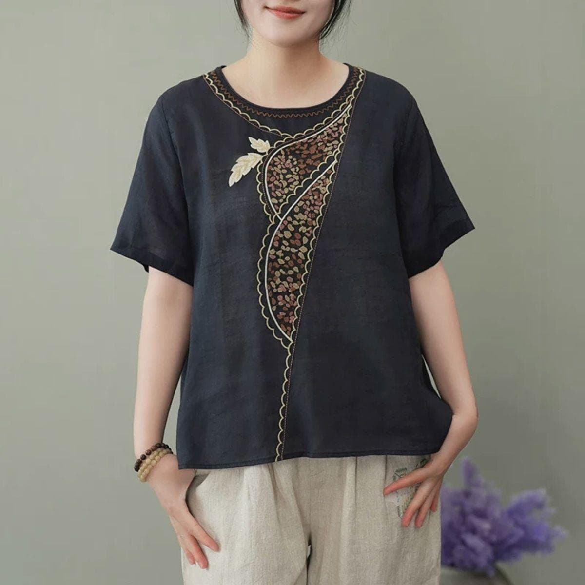 Ethnic Chinese Cotton and Linen Embroidered Shirt Spring and Summer Thin Round Neck T-shirt Loose Versatile Tea Clothes Mother Retro Top 3XL