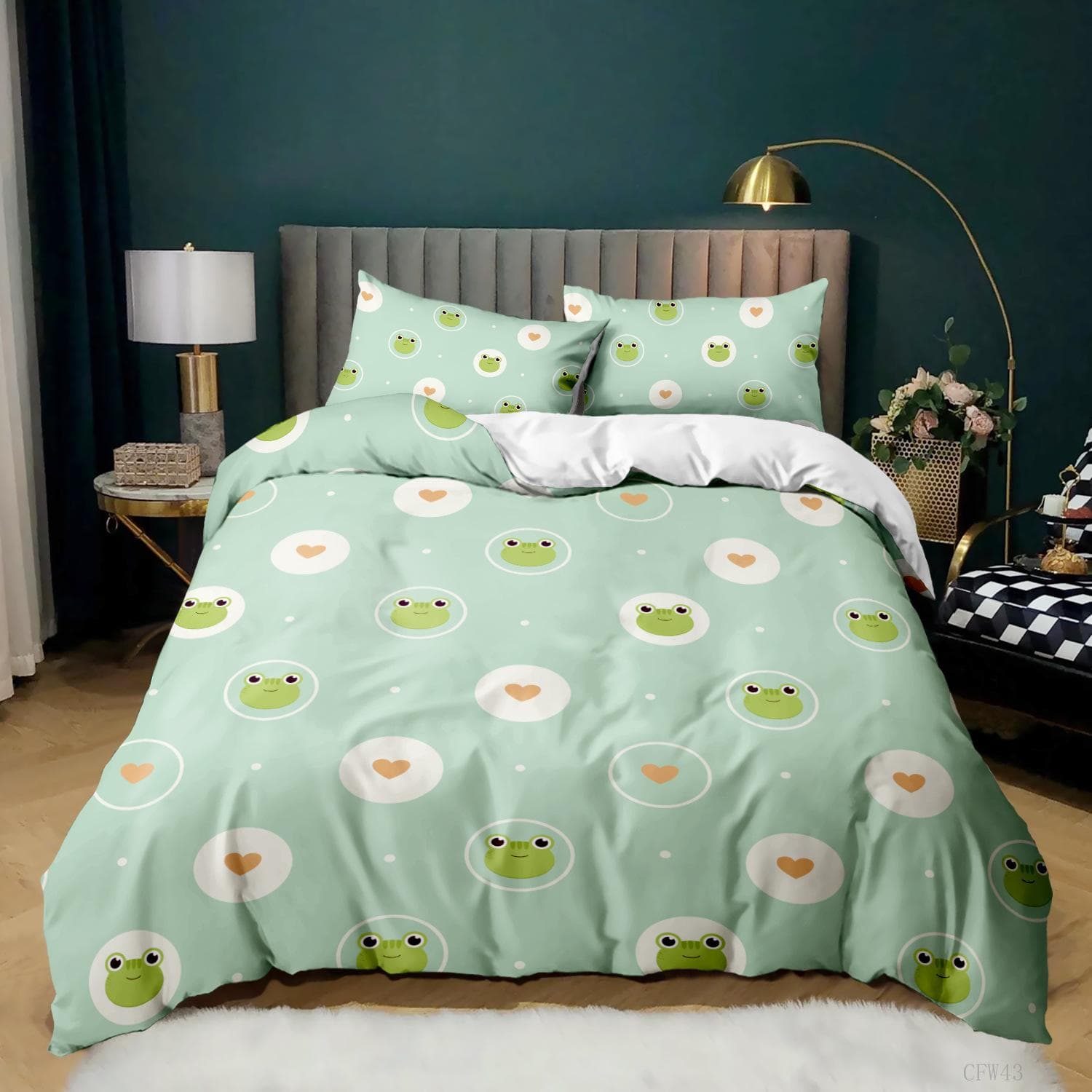 Animal Frogs Duvet Cover Set King Queen Size Green Lovely Cartoon Frog Bedding Set Kids Toad 2/3pcs Polyester Comforter Cover 173x218cm 2pcs