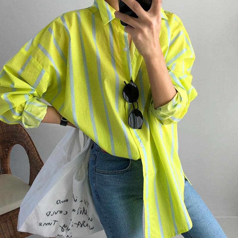 Spring and Autumn New Striped Long Sleeve Shirt Women's Korean Version Loose and Skinny Bottom Shirt XL