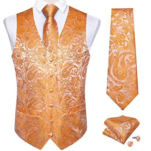 Dibangu Mens Yellow Paisley Vest Suit Waistcoat Hanky Cufflinks Tie Set Wedding S
