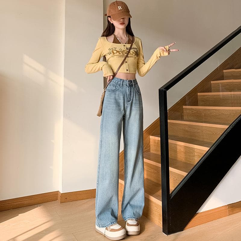 Niche High Waist American Narrow Version Wide-leg Jeans for Women Spring Loose Floor Pants Straight Pants for Women Spring Modified Pocket 2XL
