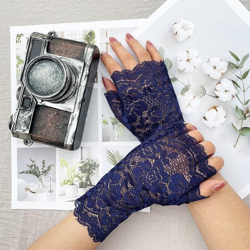 Fashion Women Sexy Lace Gloves Vintage Wedding Bridal Short Half Finger Mittens Durable Fingerless Sun Protection Driving Glove M navy blue