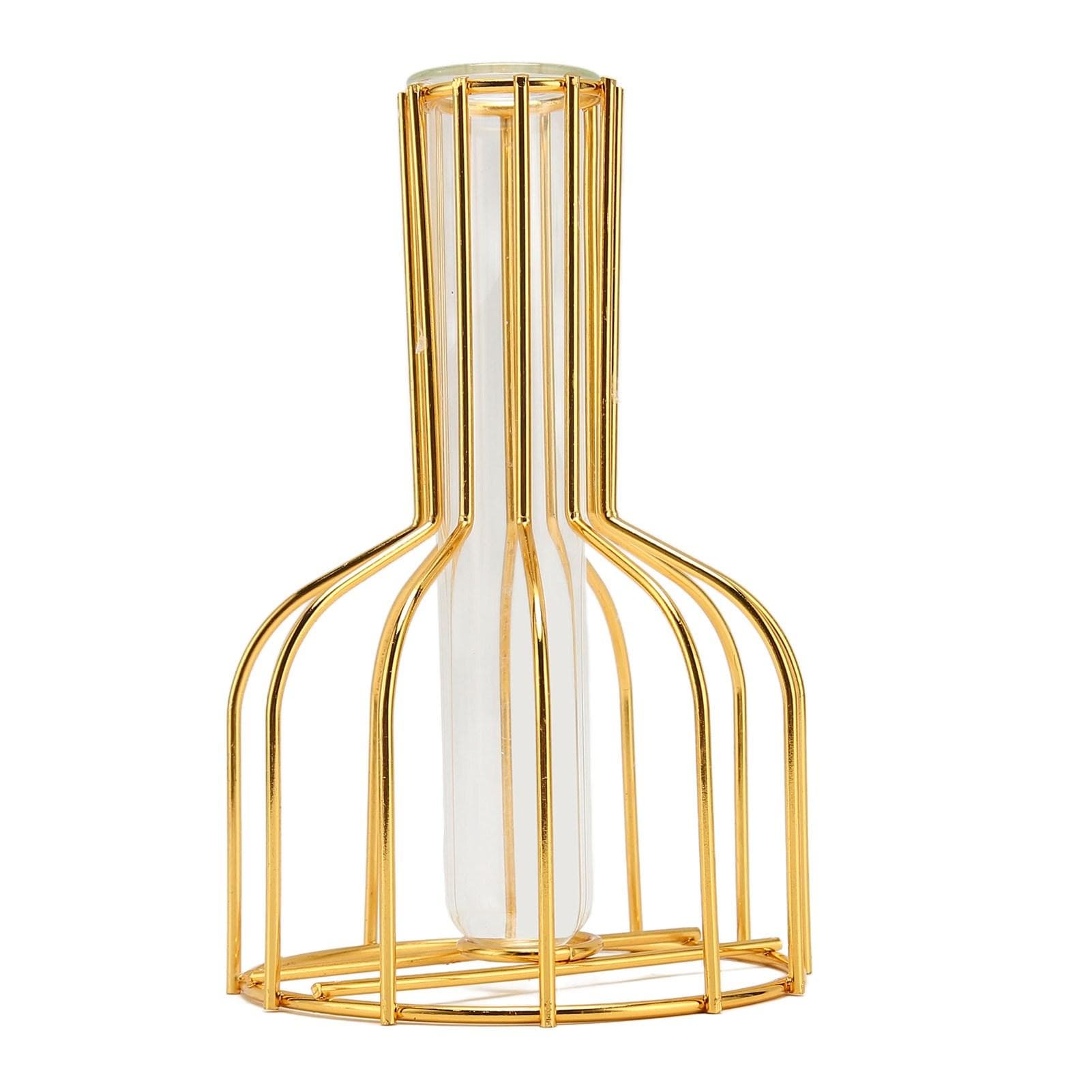 Metal Flower Vase Hollow Modern Elegant Golden Separate Design Clear Glass Flower Vase Ornament for