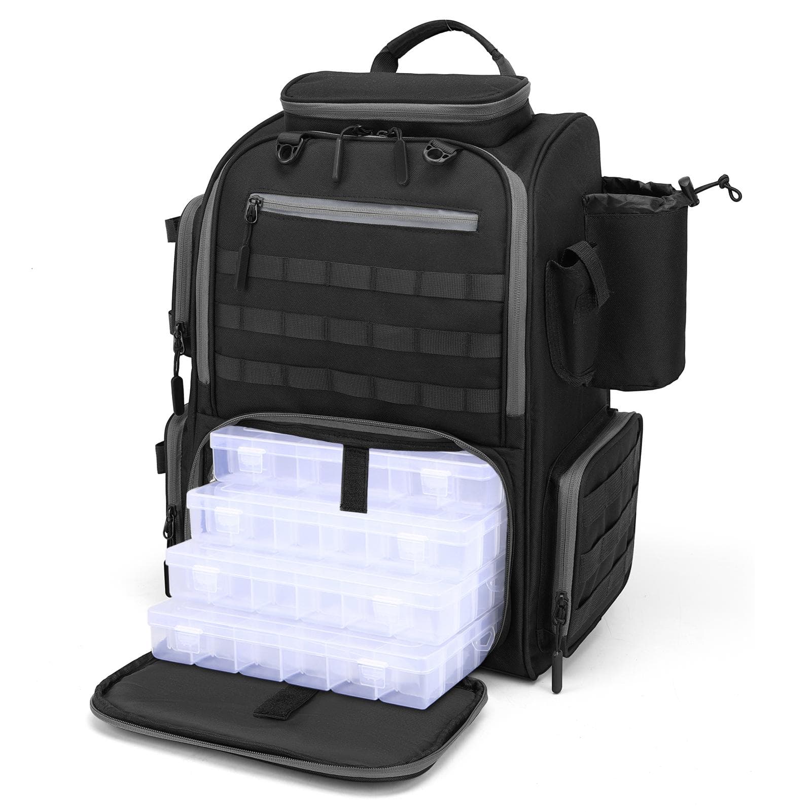 Lixada Fishing Backpack Waterproof Fishing Tackle Storage Bag with 4 Trays and Rain Cover grey/black