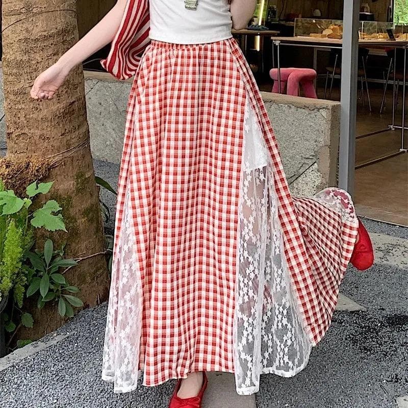 Plaid Lace Skirt for Women In Summer Korean Style Slim Design A-line Long Skirt 2XL red