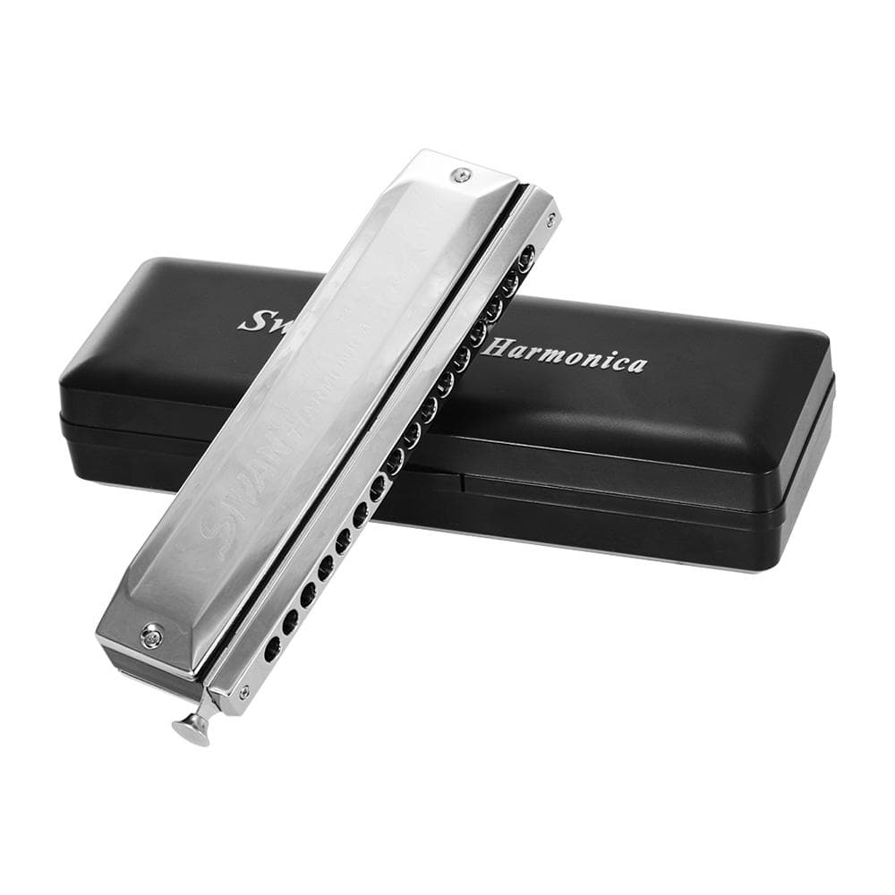 Swan SW-1664 16 Holes Chromatic Harmonica C Key 64 Tones Mouth Organ with Storage Case and Cleaning silver