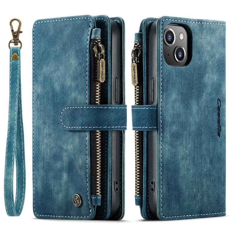 CaseMe Retro Matte PU Leather Double Layer Zipper Wallet Case Bag for iPhone Samsung Xiaomi Multi-function Flip Covers with 10 Card Holder Google Pixel 8 Pro blue