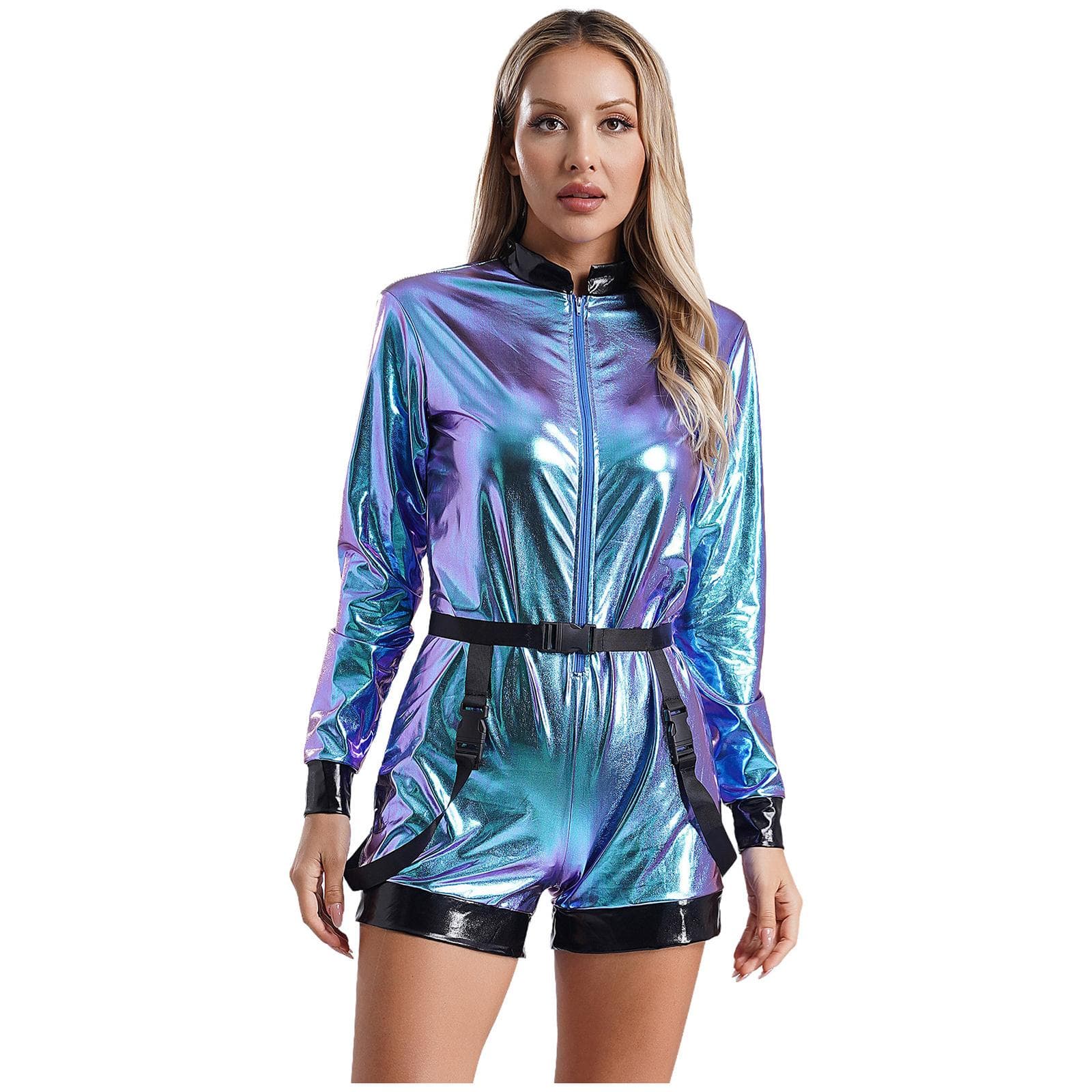 Womens Shiny Astronaut Costume Metallic Jumpsuit Front Zipper Waist Belt Boyshorts Style Dress Up Bodysuit XXL blue