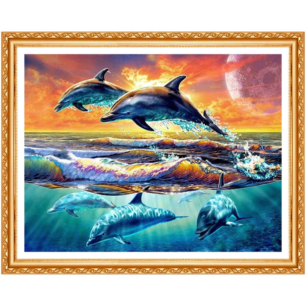 New 5D DIY Diamond Painting Sea Sunset Dolphin Embroidery Full Round Diamond Painting Decor Gift 20X30CM