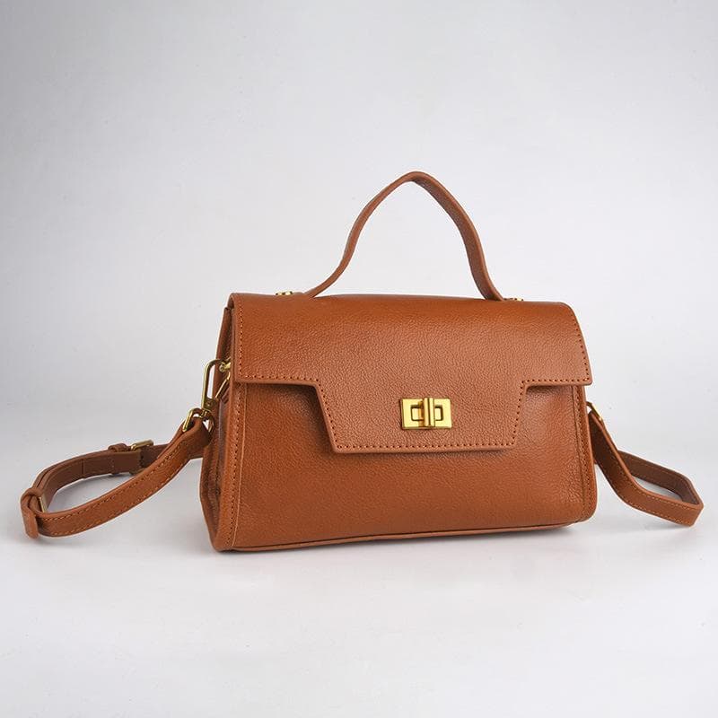 Leather Hand-held Small Square Bag, Retro and Versatile, Trendy Single-shoulder Crossbody Bag, Trendy Lock Button Women's Bag