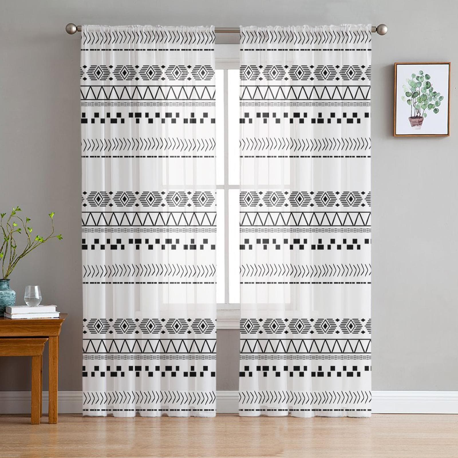 Vintage Lines Hand-Drawn Textures Voile Sheer Curtains Living Room Window Tulle Curtain Kitchen Bedroom Drapes Home Decor 135W x 114H(cm)